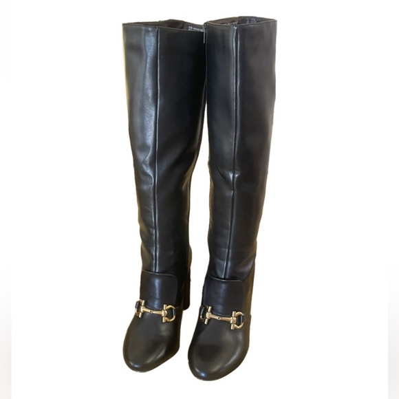 HORSEBIT BUCKLE KNEE HIGH BOOTS GOLD BUCKLE BLOCK HEEL BOOTS FAUX LEATHER VEGAN - Picture 16 of 16